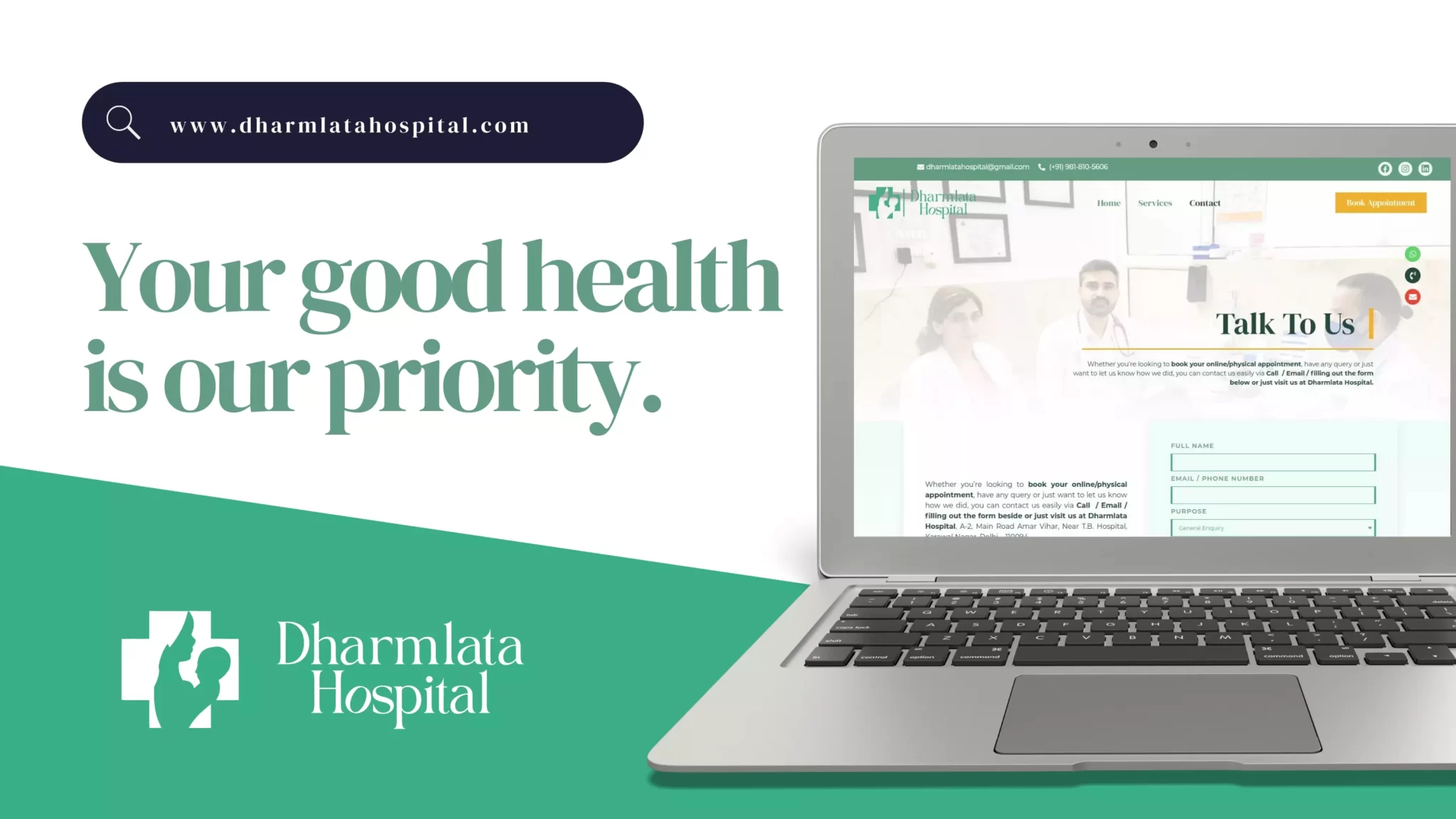 Website Design and Development of a Charitable Hospital - Dharmlata Hospital - BrandKob Portfolio Image 001